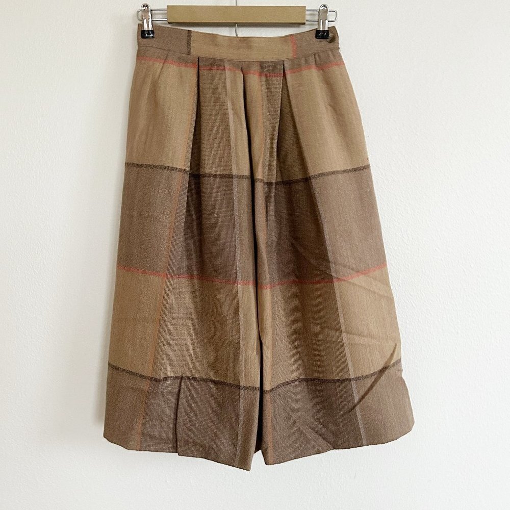 Vtg John Meyer Skirt Women 10 Tan Wool Plaid Midi Pleated High Waist 70's Retro